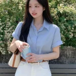 女式纯色休闲宽松翻领衬衫，适合通勤学院风上衣秋季