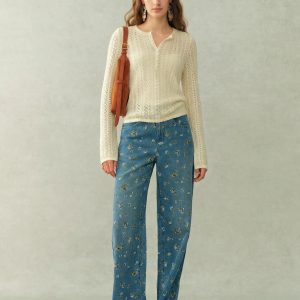 Barbara Openwork Textured Henley-Neck Top In Fine Cotton Yarn Knit