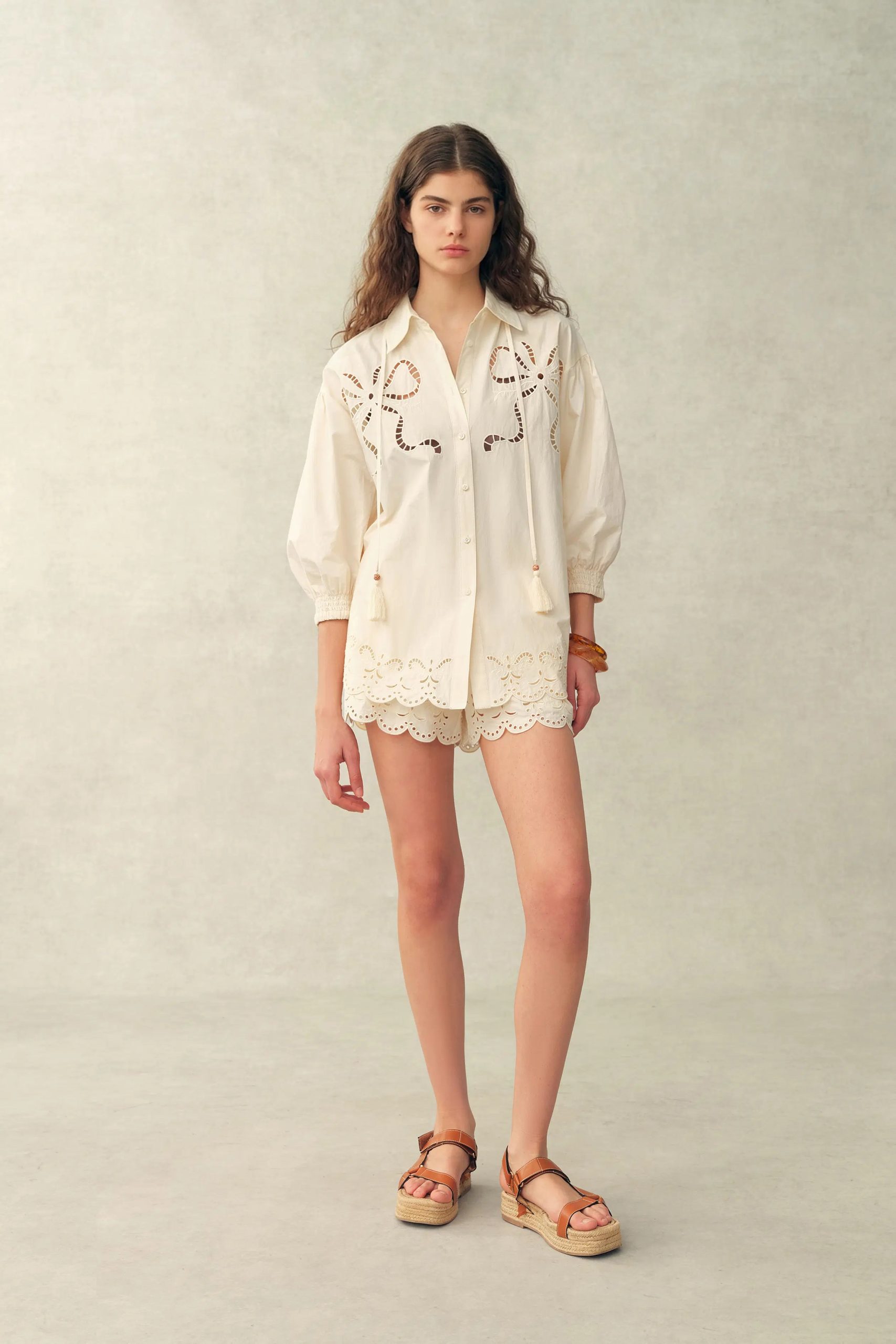 Babette Eyelet Embroidered Puff Sleeve Set in Cotton Poplin